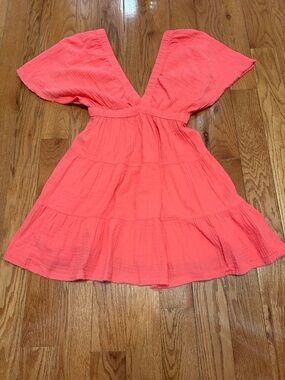 aerie Coral Pink Tiered V-Neck Mini Dress
